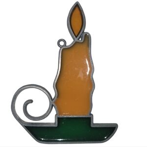 Vntg Handmade Stained Glass Candle Light Green Suncatcher Christmas Ornament